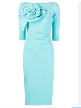 Chiara Boni Turquoise Midi Sheath Dress with Sculpted Rose